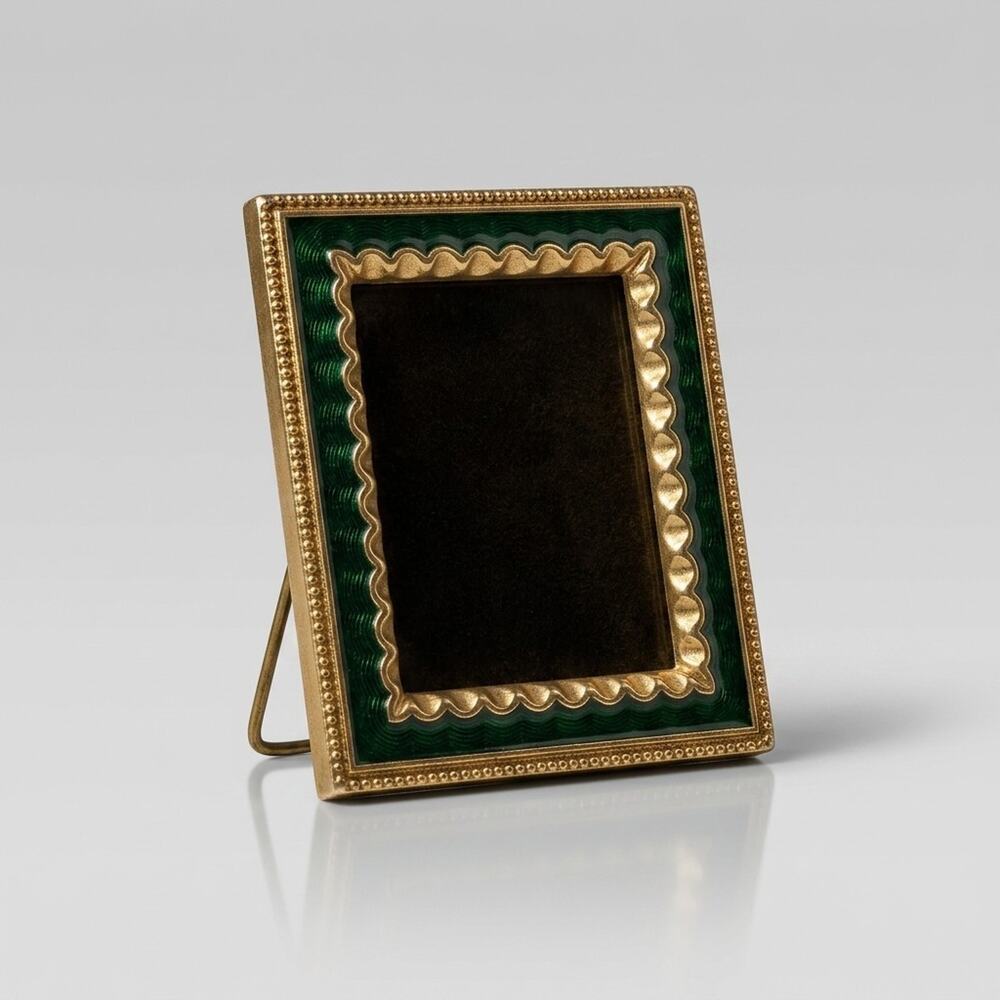 Vintage Mini Ornate Metal Picture Frame Green Enamel Gold Beaded Easel Back